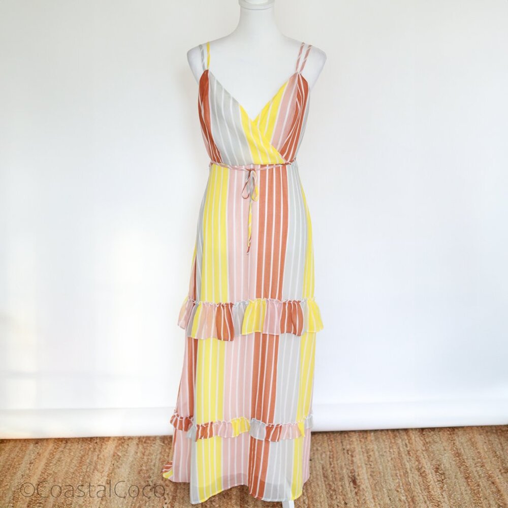 June & Hudson Sunset Stripe L Maxi Sun Dress Boho Ruffle Lightweight Flowy